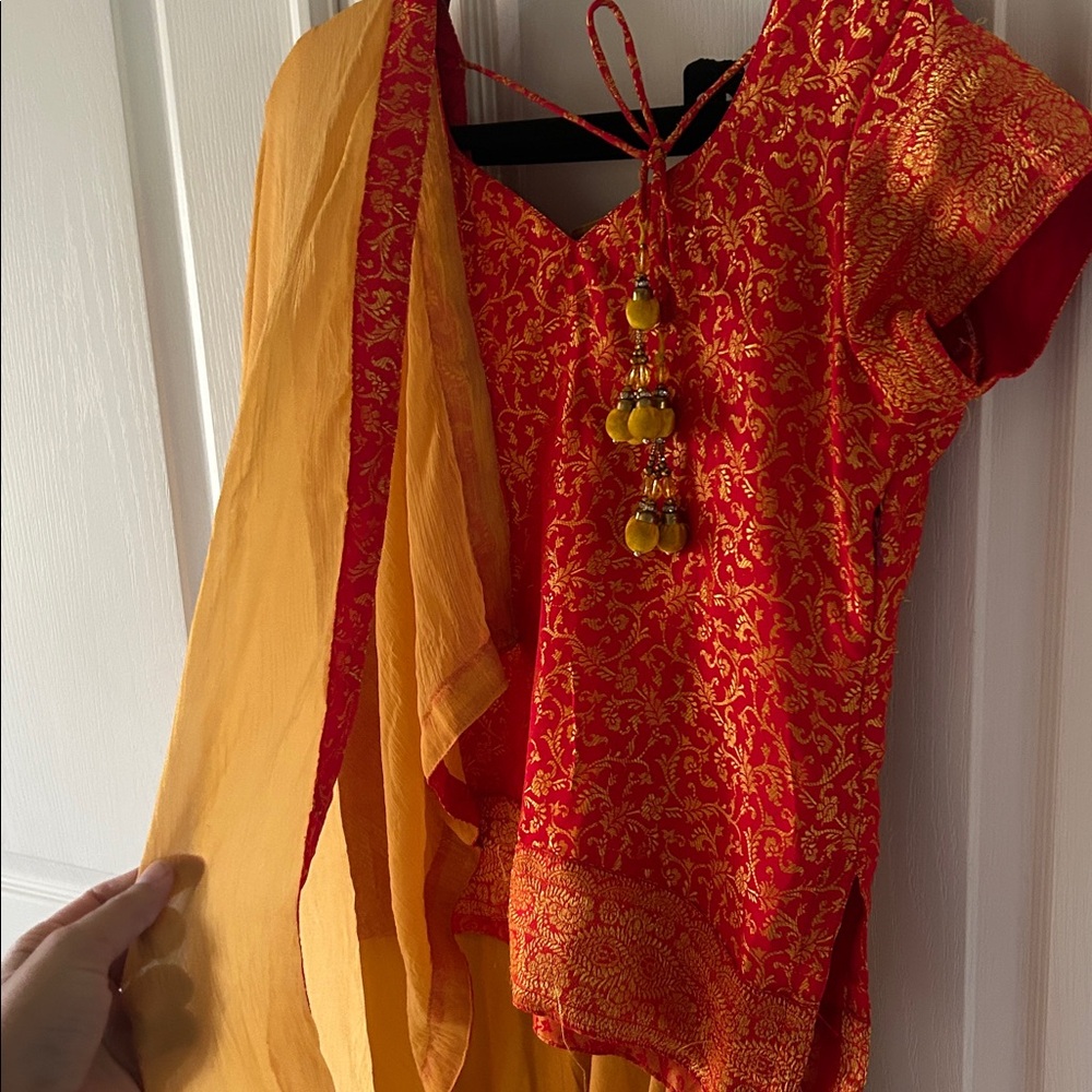 Red and Gold Silk Lehenga 3 Pc Co-Ord Set Modest Halal Indian Haldi Lengha